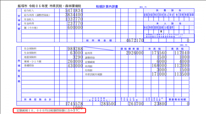 未控除分がない場合の普通徴収税額の決定通知書のサンプル