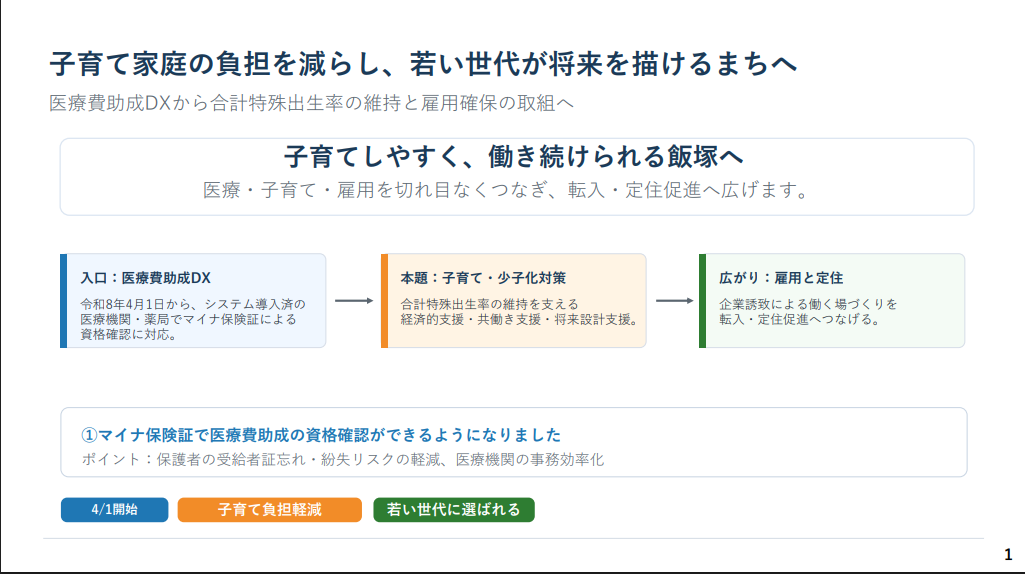「子育て家庭の負担を減らし、若い世代が将来を描けるまちへ」~医療費助成DXから合計特殊出生率の維持と雇用確保の取組へ~