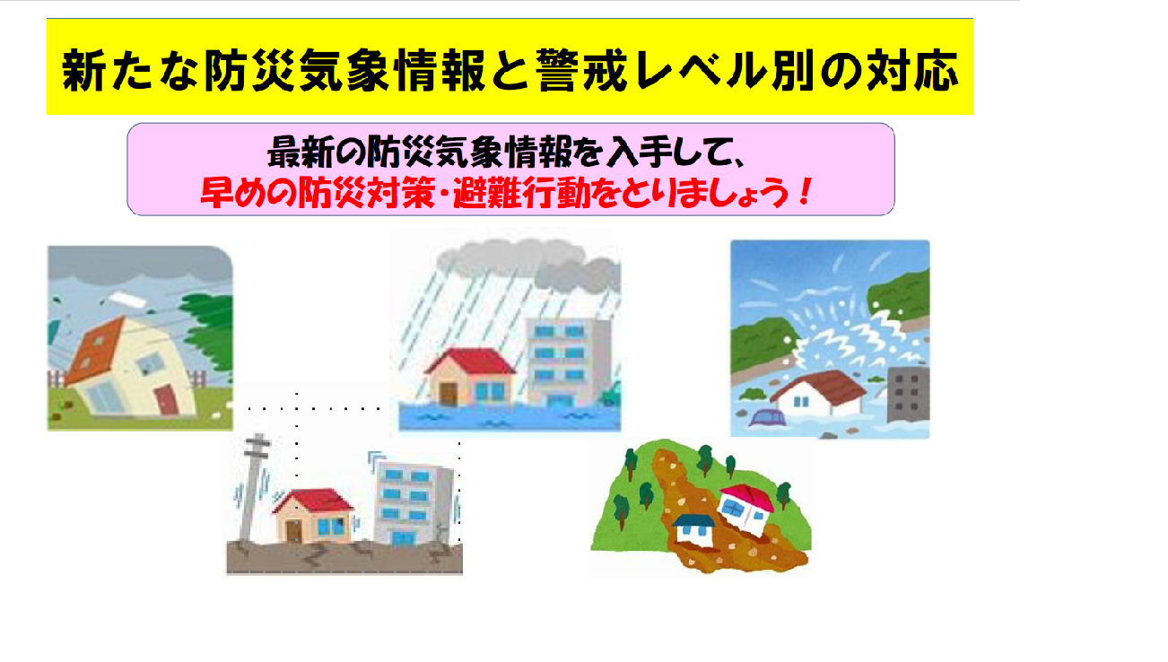 「新たな防災気象情報と警戒レベル別の対応」 ～最新の防災気象情報を入手して、早めの防災対策・避難行動をとりましょう！～